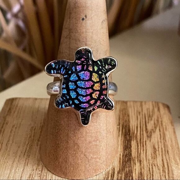 Turtle Dichroic Glass Sterling Silver Ring Size 8 - Picture 2 of 5